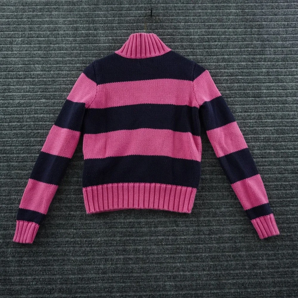 Ralph Lauren Zip Up Sweater Girls Large 12/14 Pink Navy Striped Knit Pony